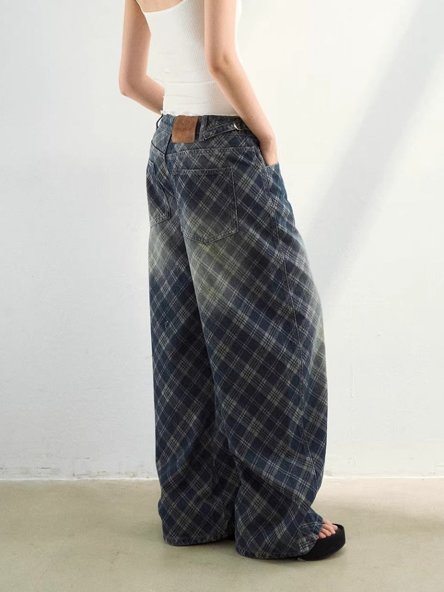 Plaid Wash Denim Pants