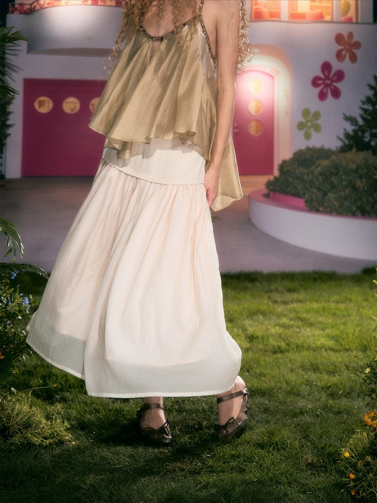 Apricot Pleated Layered Skirt