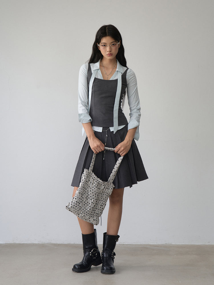 Contrast-colored Collared Waist-cinched Shirt