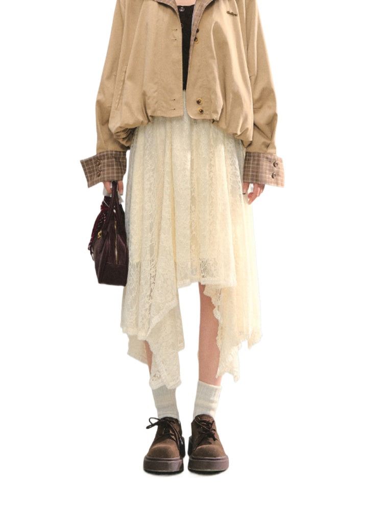 Beige Lace Irregular Hem Midi Skirt