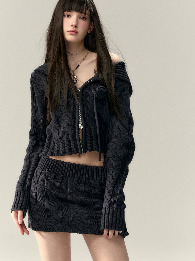 Black & Apricot Buttoned Knit Skirt