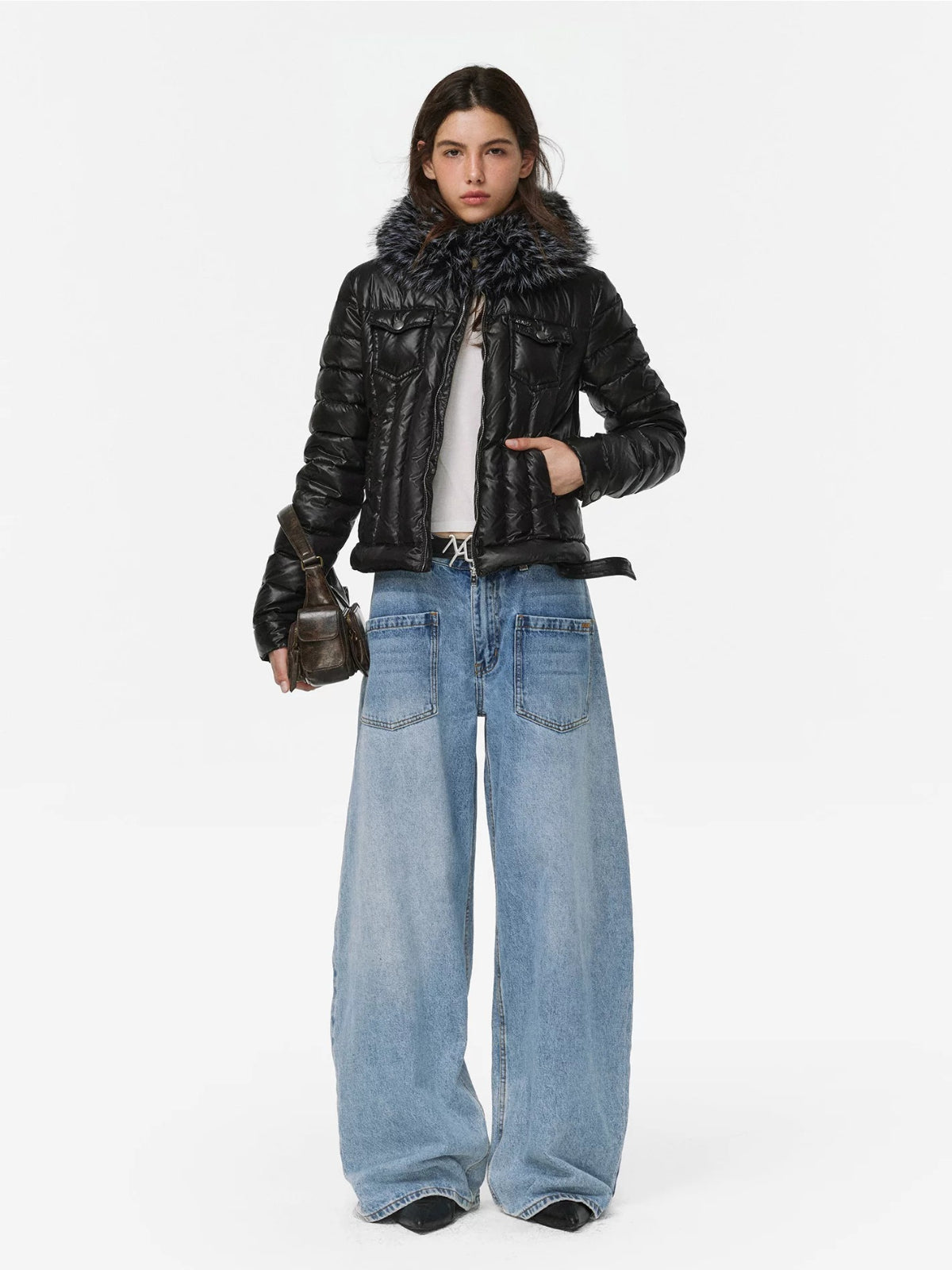 Denim Trim Fur-Collar Down Jacket