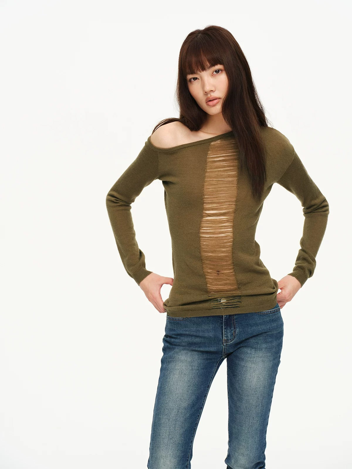 Two-Tone Openwork Merino Wool Sweater