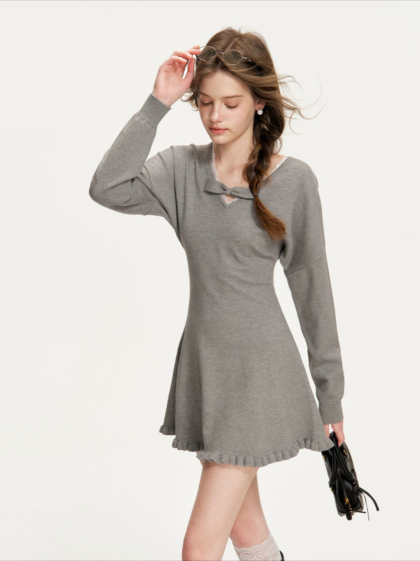 Gray Bowknot Knit Mini Dress