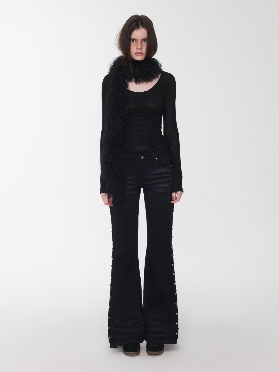 Studded Flared Denim Whisker Detailing Jeans