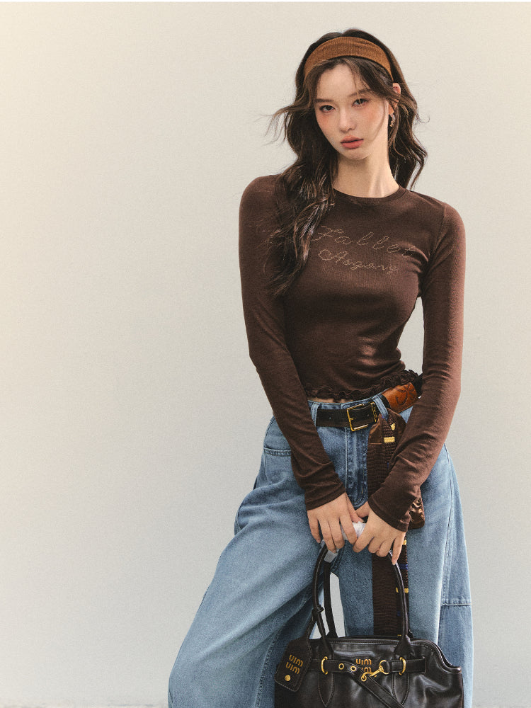 Ruffle Hem and Printed Splicing Cropped T-Shirts