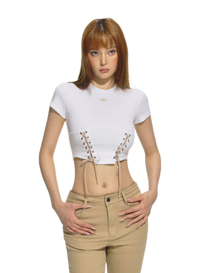 Color-Blocked Belted Straight-Shoulder Short Sleeve Top