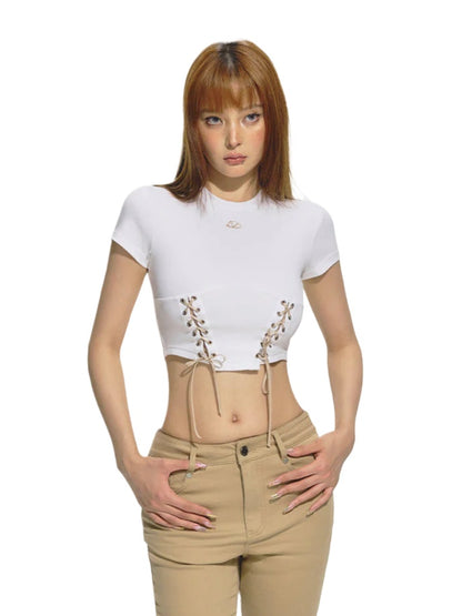 Color-Blocked Belted Straight-Shoulder Short Sleeve Top