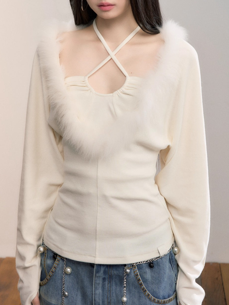 Fox-Trim Halter Knit Top
