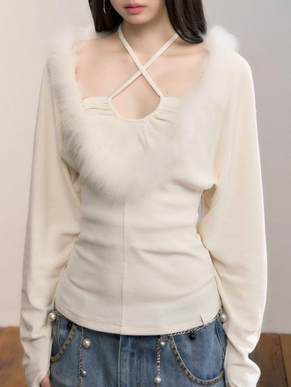 Fox-Trim Halter Knit Top