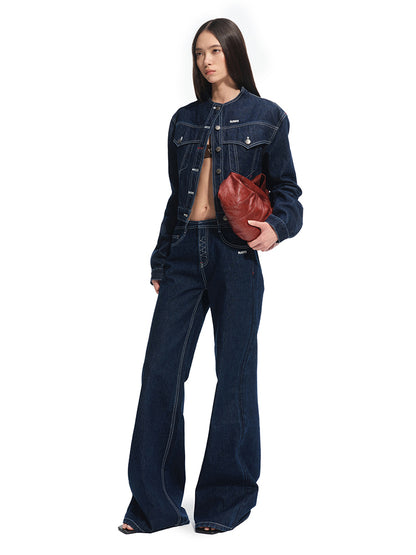 Denim Stand-Collar Regular-Shoulder Short Jacket