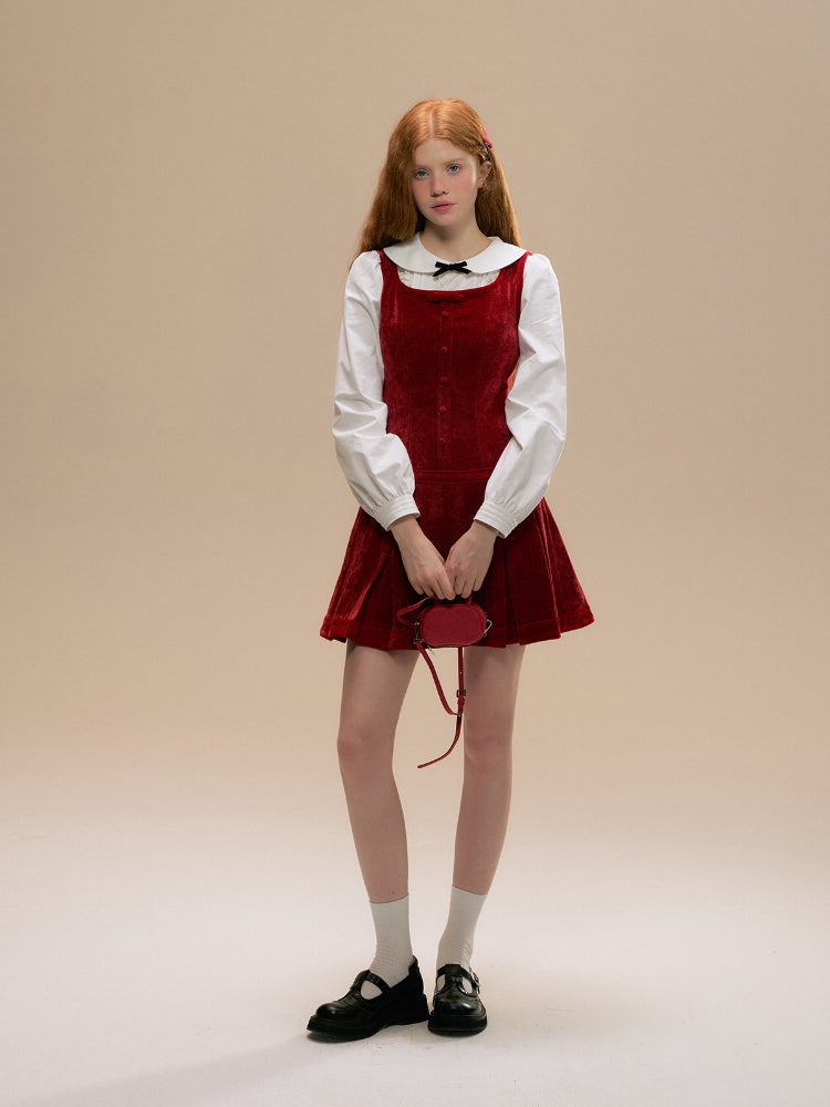 Vintage Red Velvet Pleated Dress