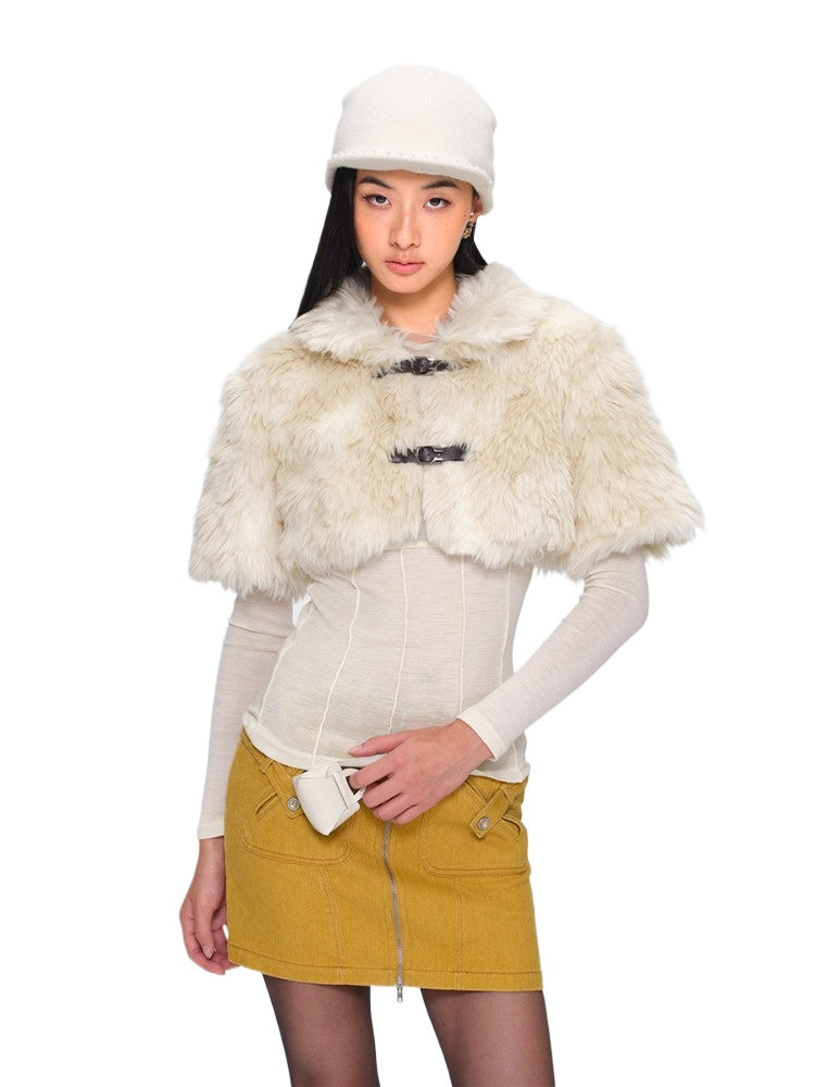 Eco-Fur Capelet Toggle Cropped Jacket
