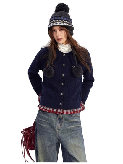 Plaid Trim Knit Cardigan