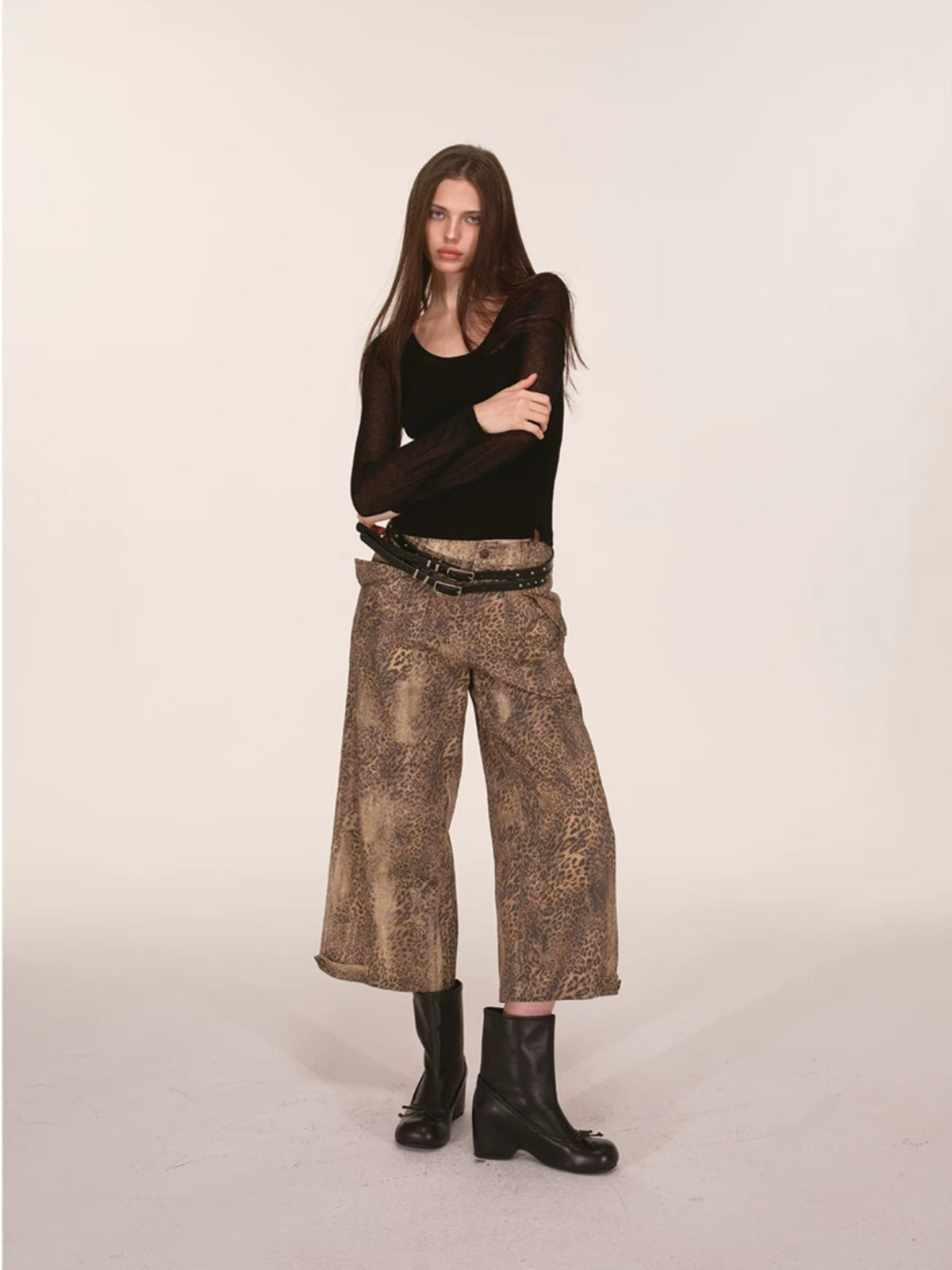 Washed Leopard Print Wide Leg Pants