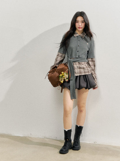 College Plaid Fake Two-piece Shirt
