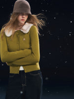 Green Detachable Fur Collar Cardigan