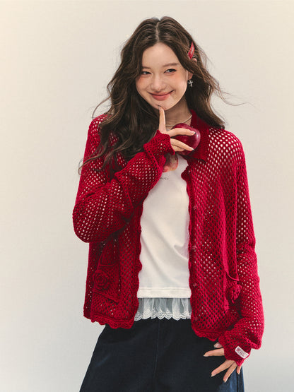 Hollow-out 3D Flower Crochet Lapel Cardigan