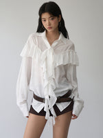 White Ruffled Drawstring Long-Sleeve Shirt