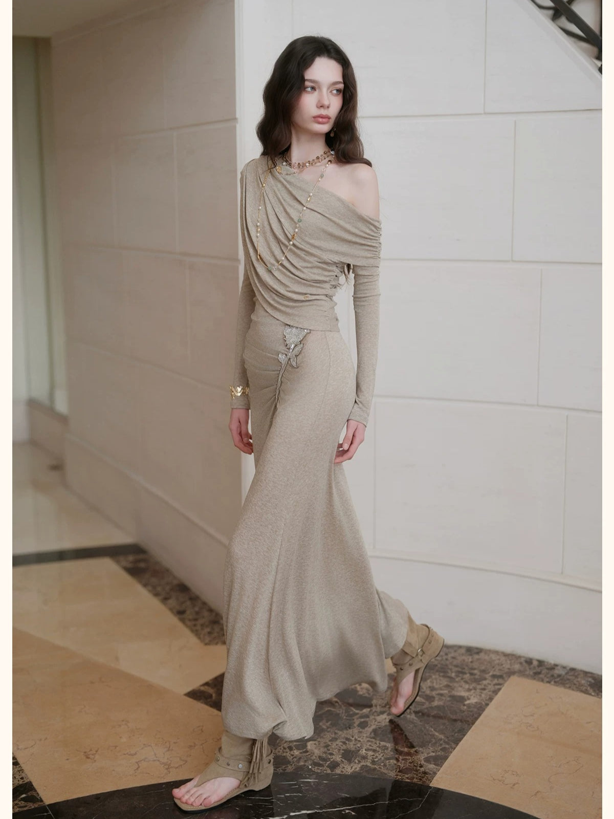 Asymmetric Off-Shoulder Wool Dress