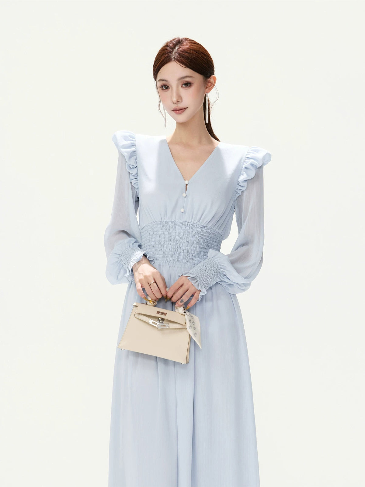 French Ruffle Chiffon Lantern Sleeve Dress