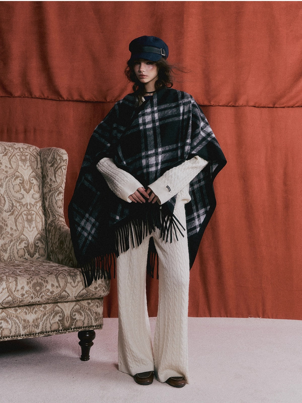 Retro Check Tassel Cape Scarf