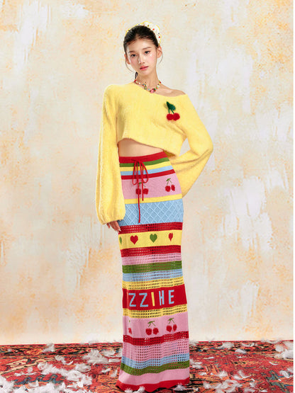 Soft Yellow Off-Shoulder Knit Sweater &amp; Skirt Set