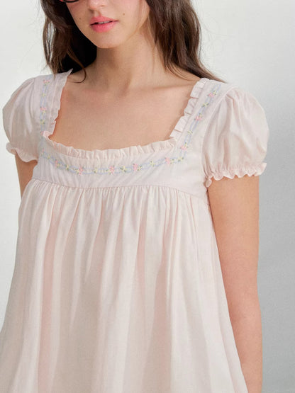 Pink Embroidered Square Neck Dress