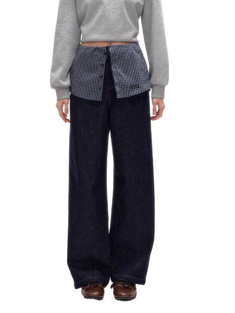 Plaid Patchwork Faux Two-Piece Straight-Leg Jeans