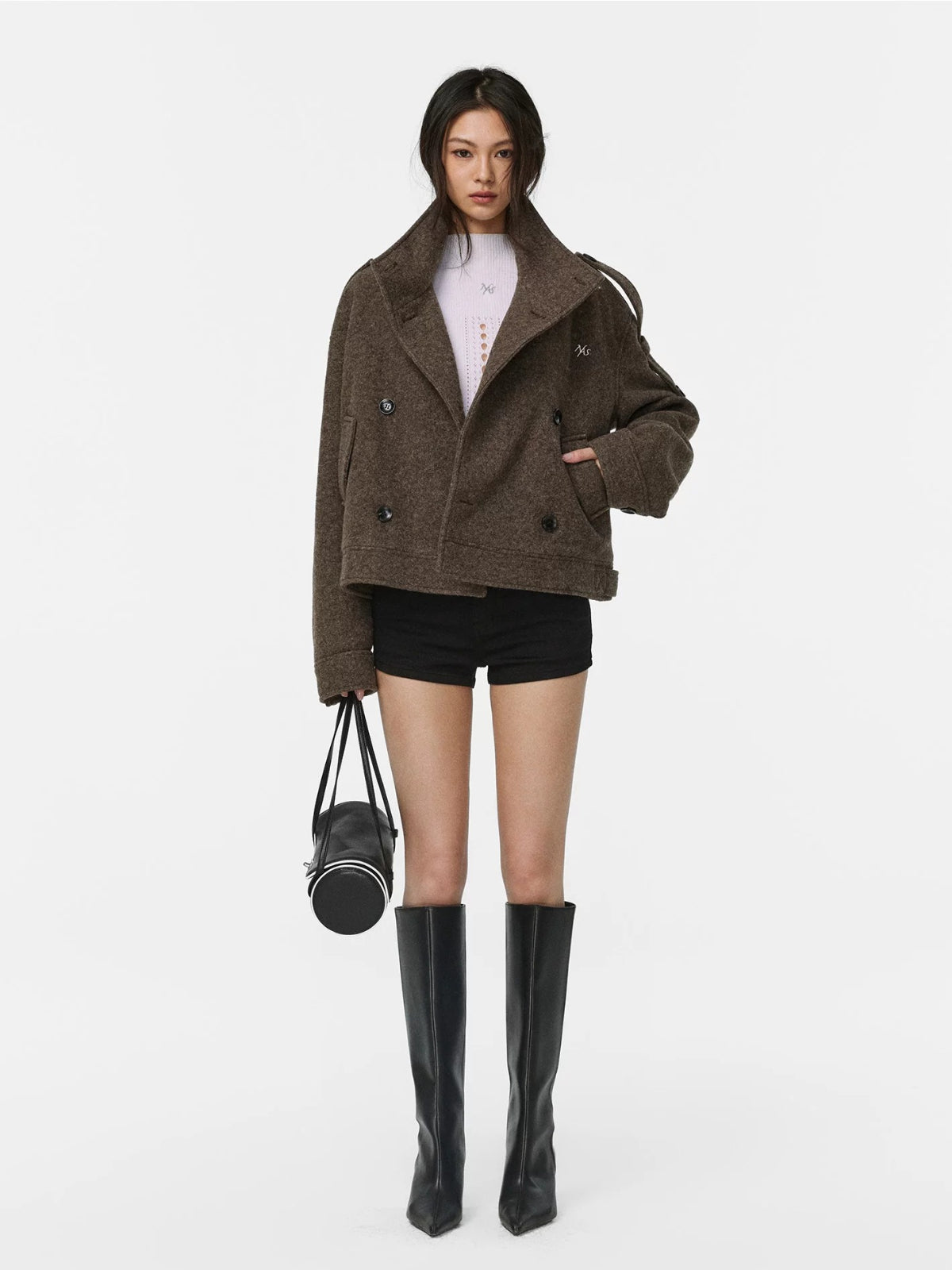Plush Scarf Double Breasted Wool Coat