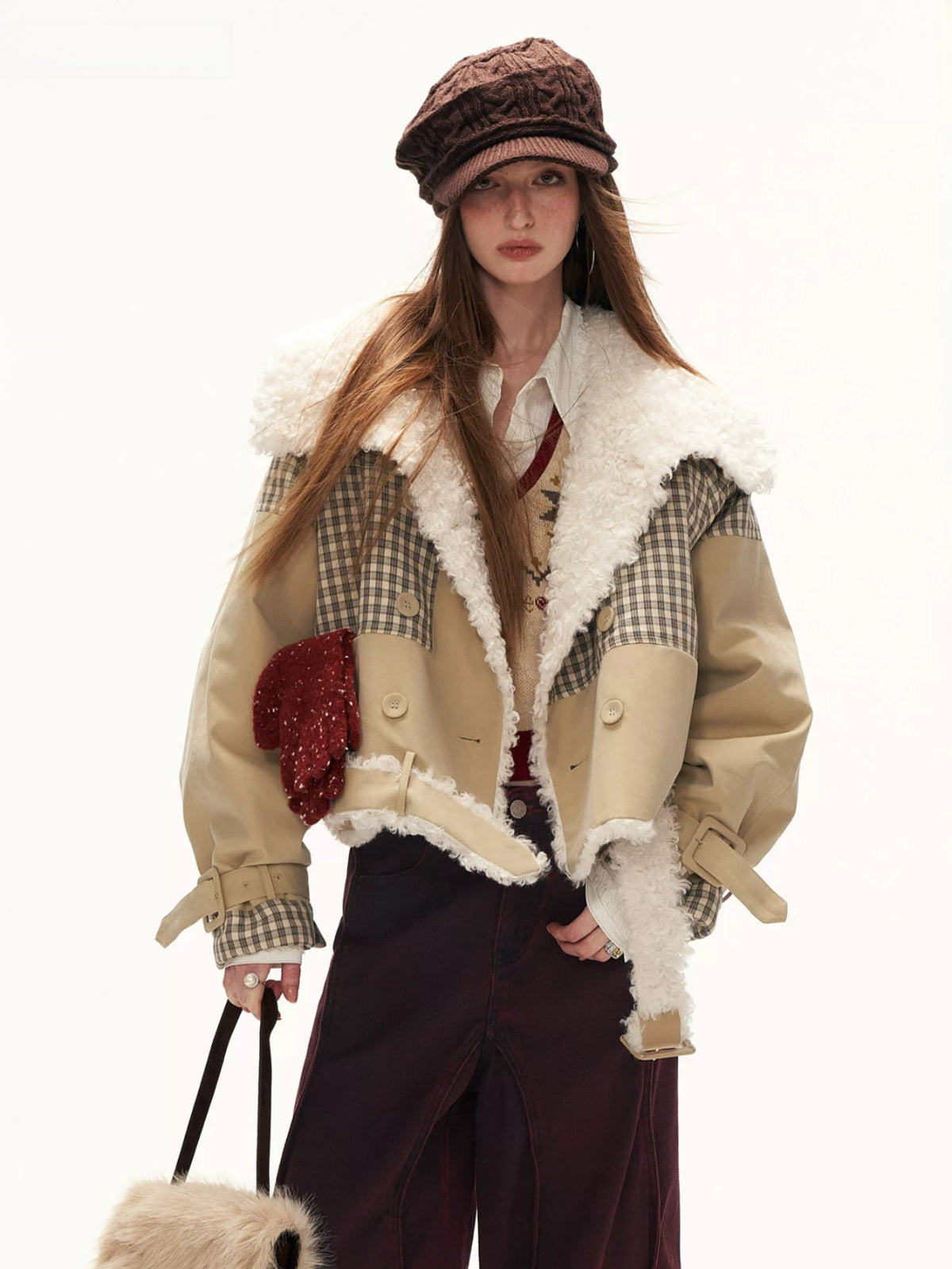 Plaid Faux-Fur Collar Casual Jacket