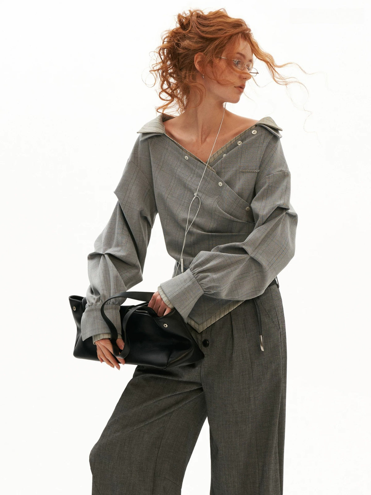 Textured Plaid Off-Shoulder Shirt