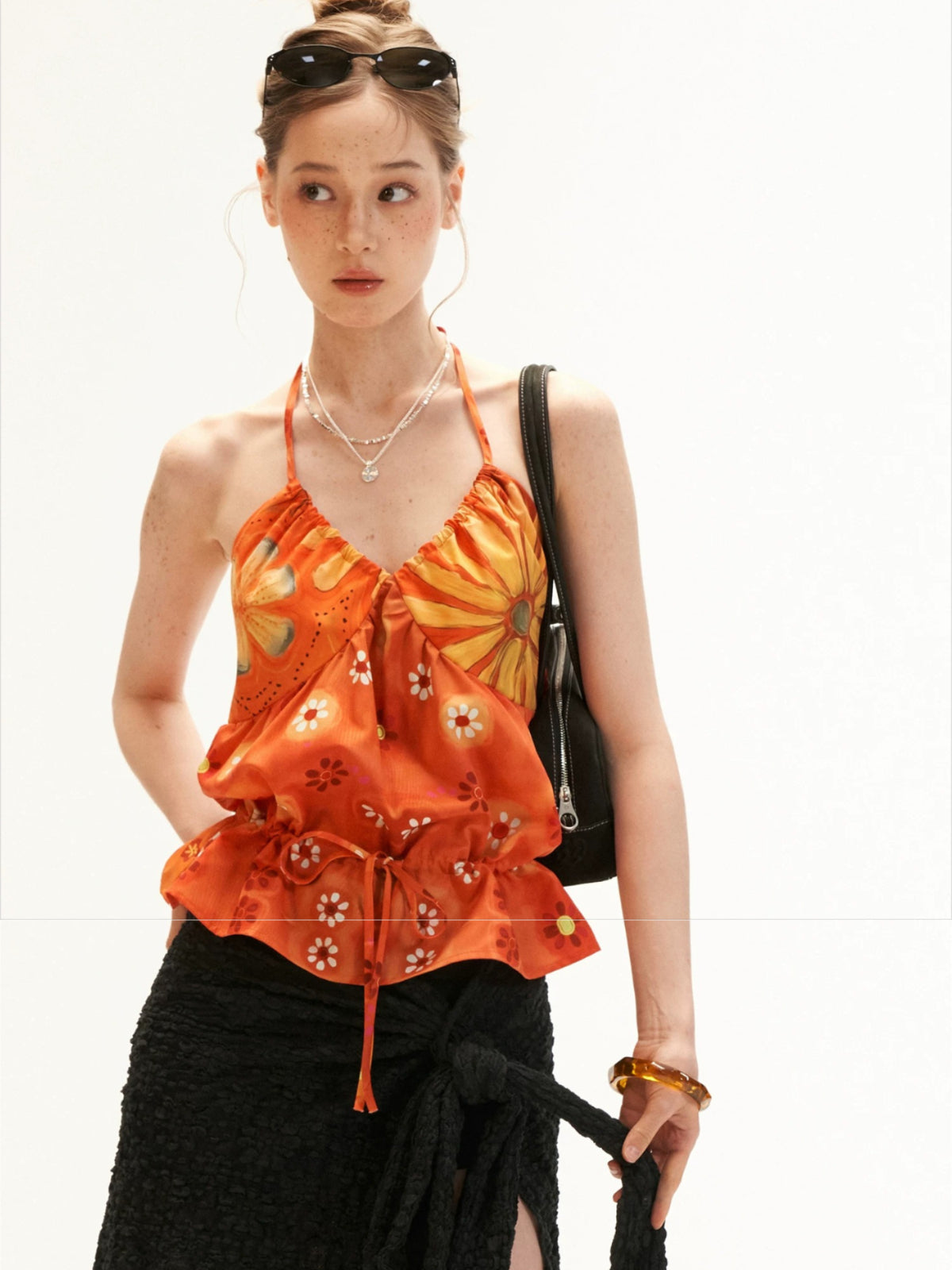 Orange Floral Drawstring Halter Top