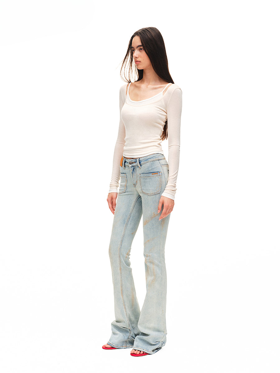 Color-block Two-piece Integrated Strap Layered T-shirt Top