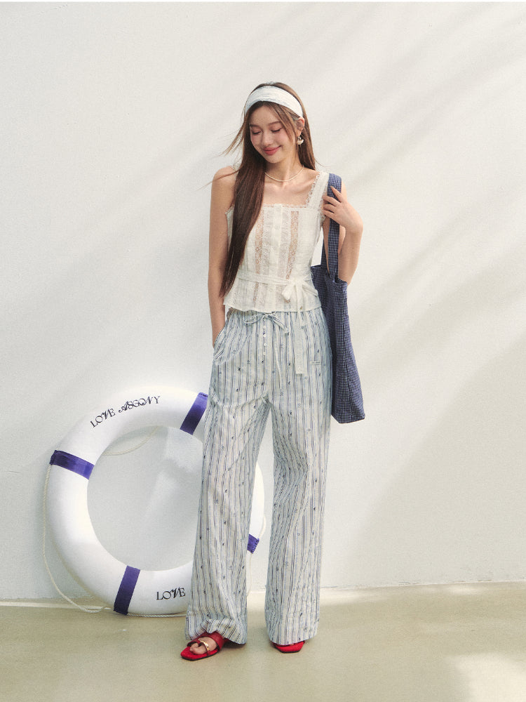 Striped Print Patchwork Embroidery Lace Straight Pants