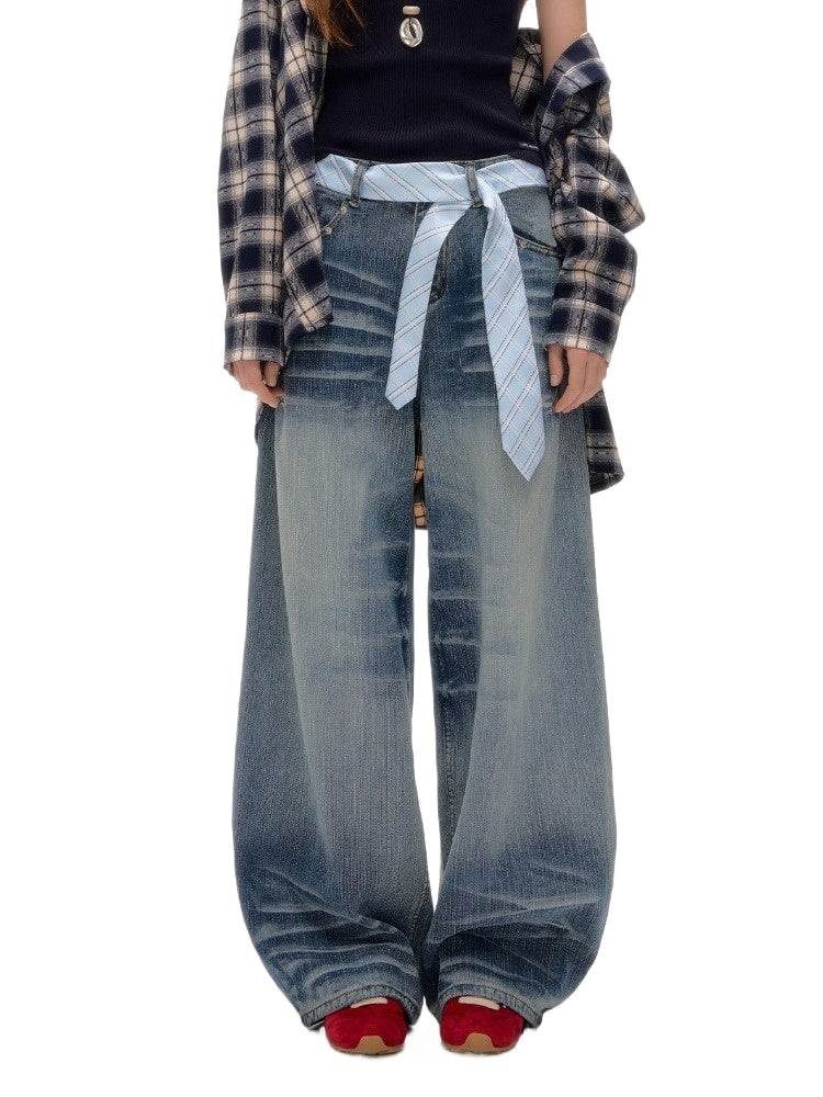 Blue Beaded Washed Denim Pants