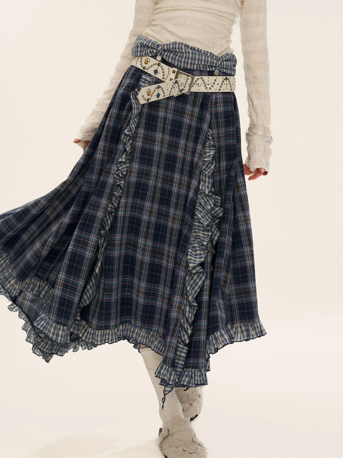 Asymmetric Ruffle Plaid Midi Skirt