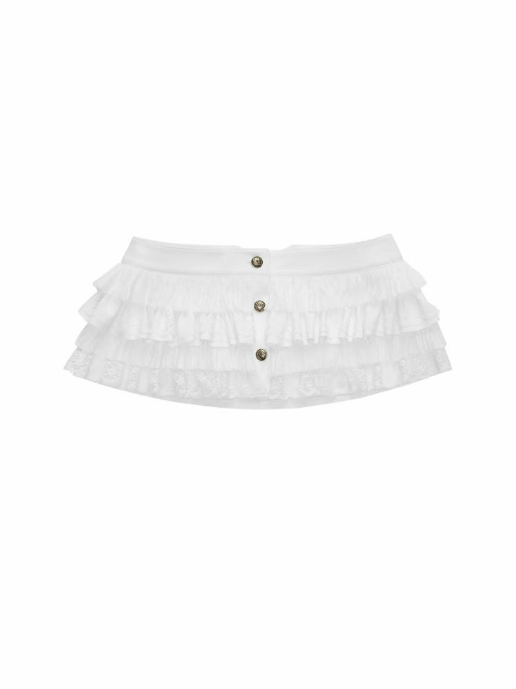Metal Button Lace Chiffon Mini Skirt