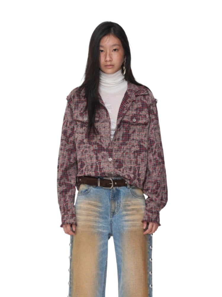 Washed Plaid Frayed-Edge Fitted Shirt