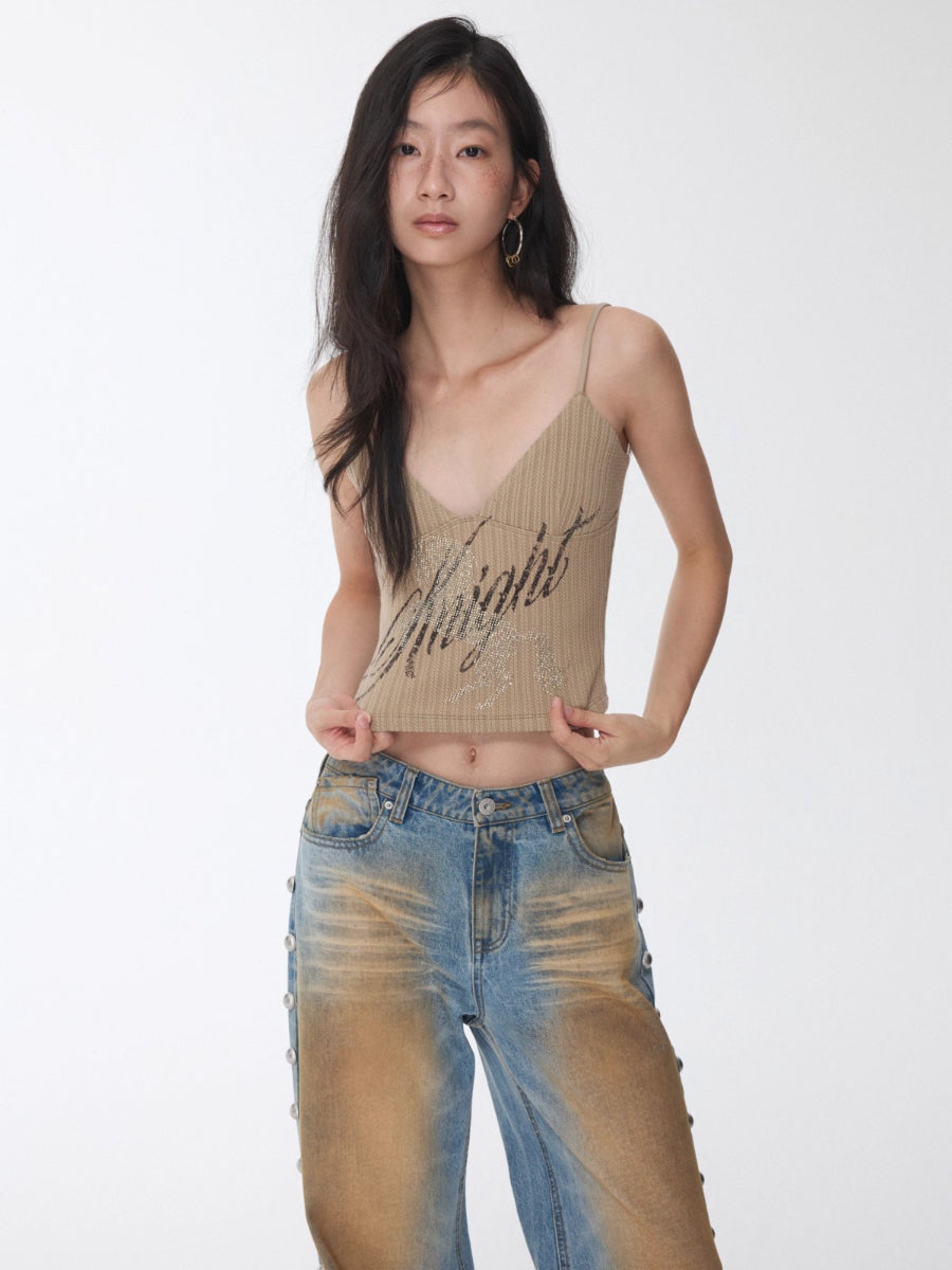 Knight Horse Rhinestone Cable Knit Cami Top