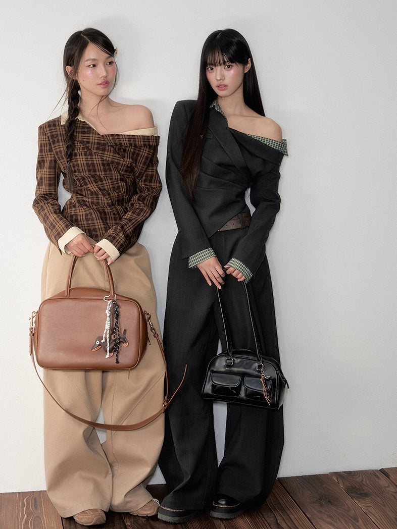 Asymmetric Shoulder Cropped Blazer &amp; Pants Set