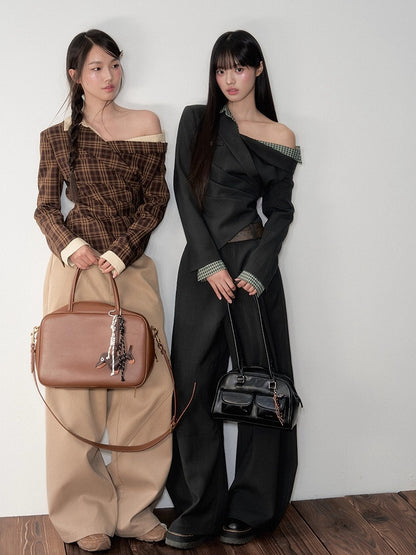 Asymmetric Shoulder Cropped Blazer &amp; Pants Set