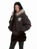 Distressed Fur Hooded Padded Jacket