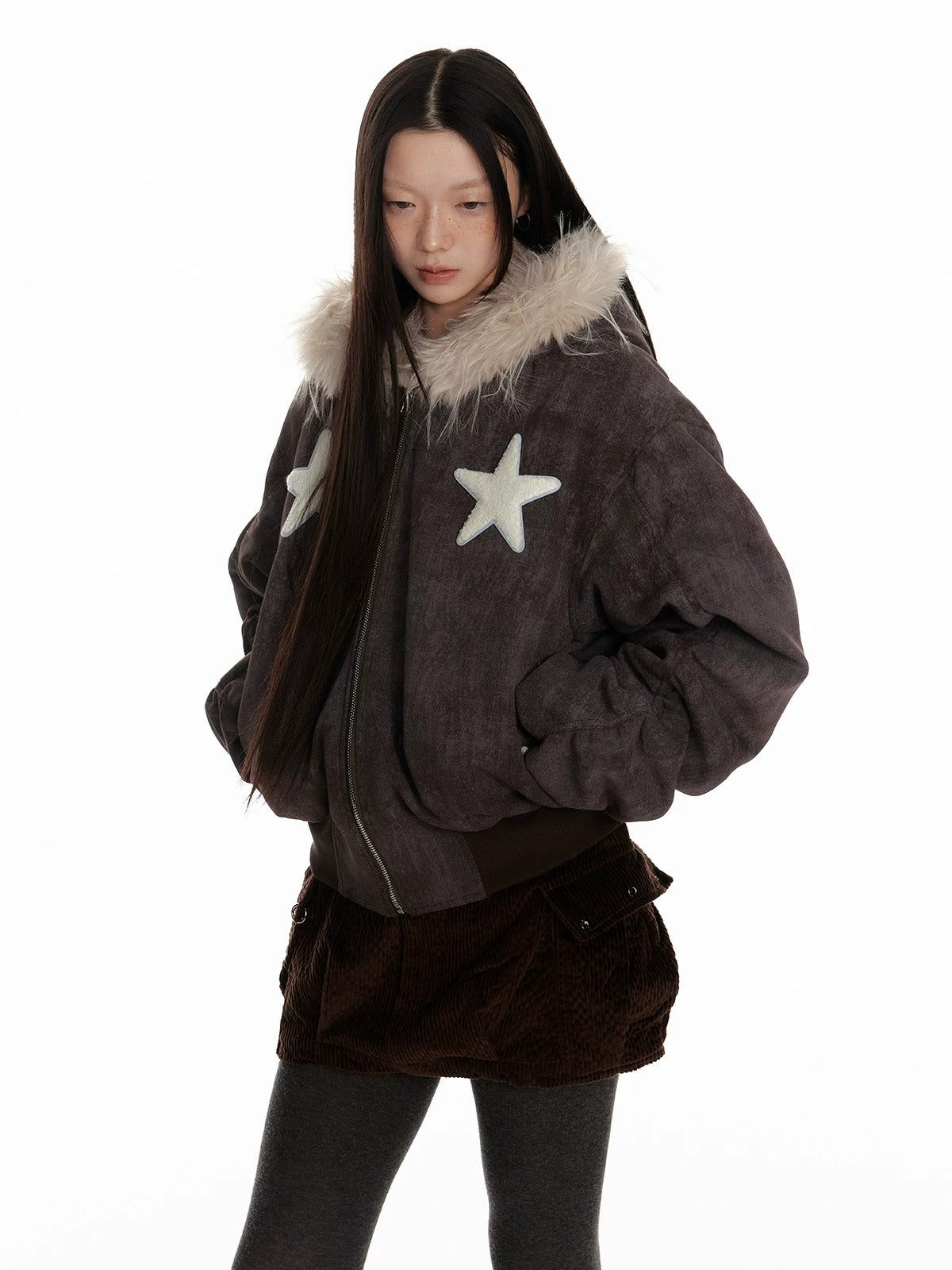 Distressed Fur Hooded Padded Jacket