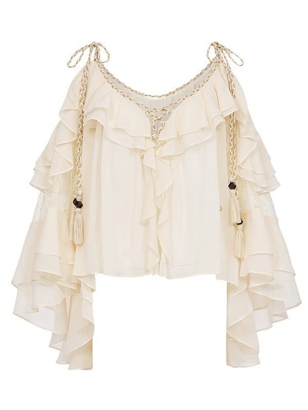 Flowy Chiffon Ruffle V-neck Shirt