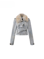 Distressed Fur Collar Denim Jacket