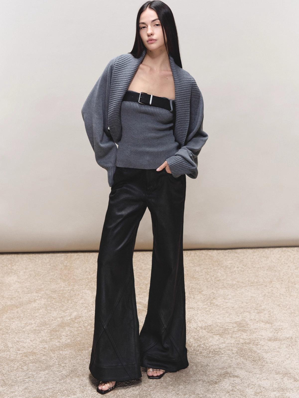Coated Straight Wide-Leg Pants