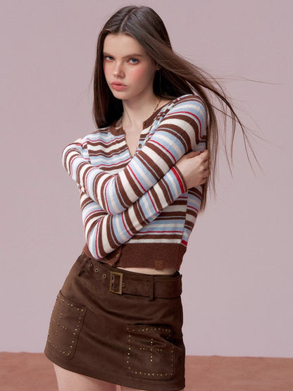 Color-Block Striped Wool Knit Cardigan