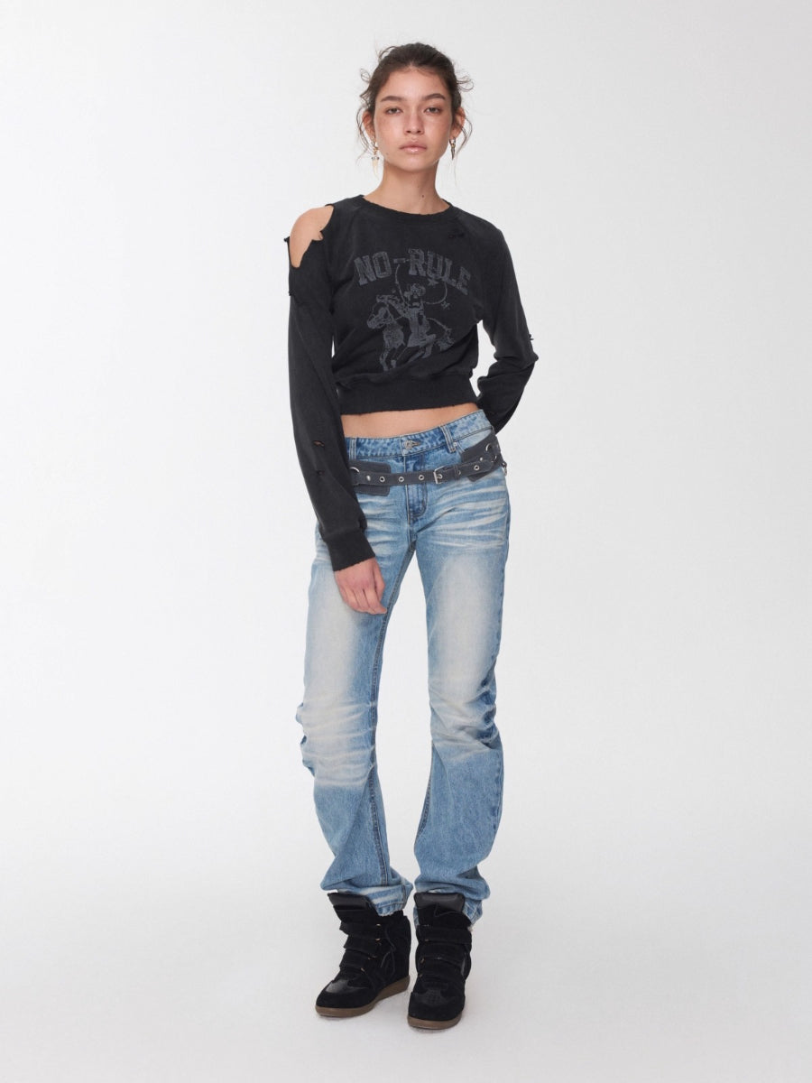 Washed Distressed Knight Cat Graphic Sweatshirt