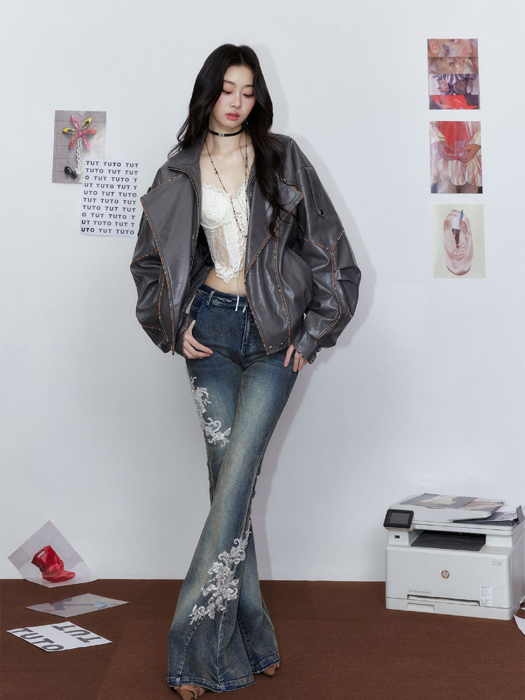White Embroidered Flared Washed Denim Jeans